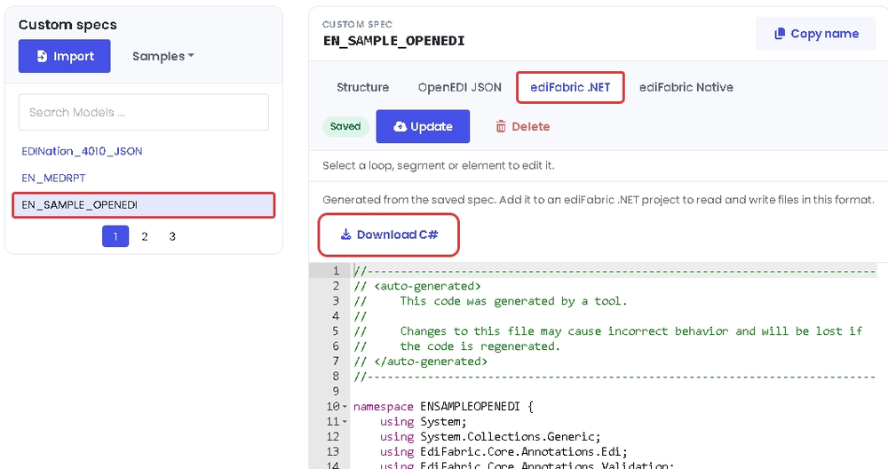 The ediFabric .NET tab of a custom spec in the EDI Spec Builder, with Download C#