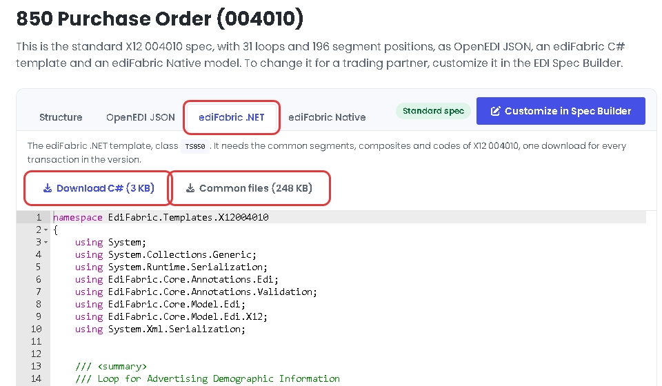 The ediFabric .NET tab of the X12 004010 850 in the EDI spec library, with Download C# and Common files