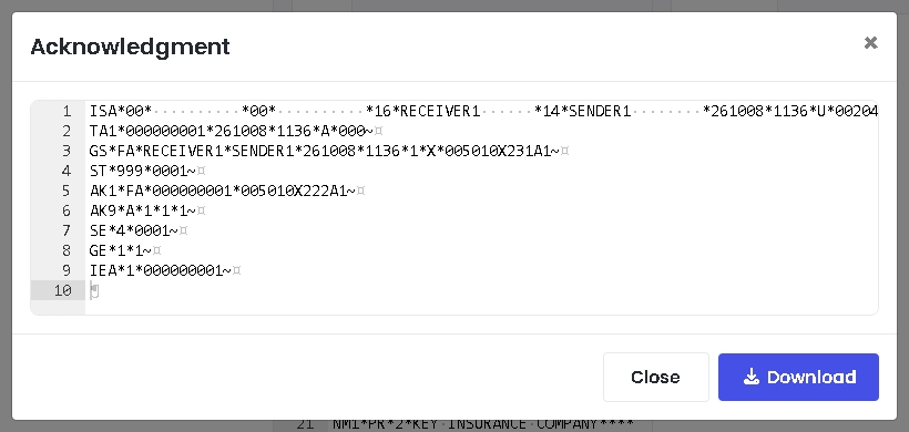 A TA1 and 999 acknowledgment for an 837P file