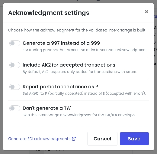 The Acknowledgment settings dialog