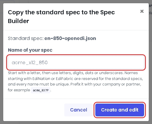 The dialog that copies the 850 spec under the name acme_x12_850