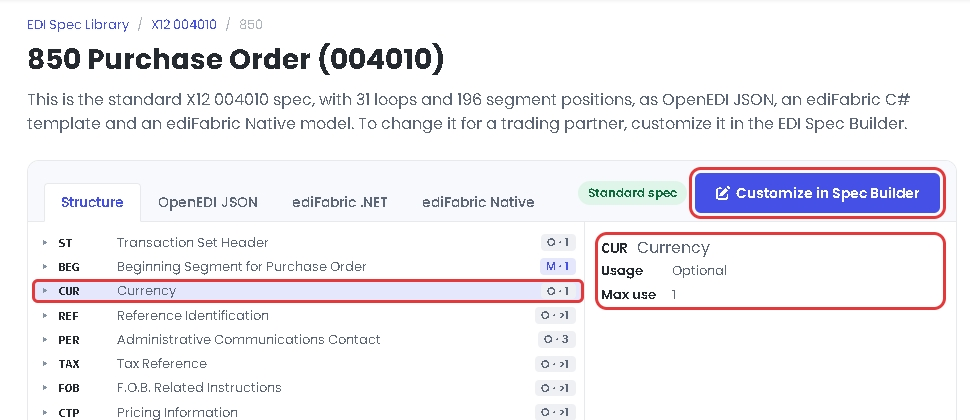 The 850 spec, where CUR is optional, and the Customize in Spec Builder button