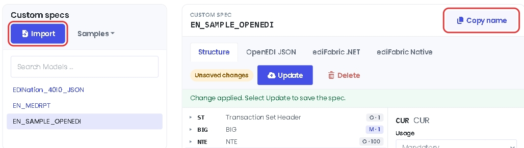 The Import and Copy name buttons in the EDI Spec Builder
