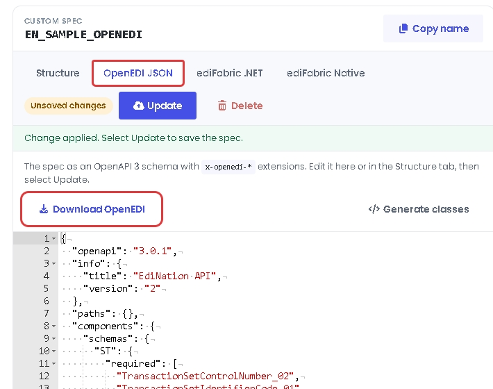 The OpenEDI JSON tab of a custom spec