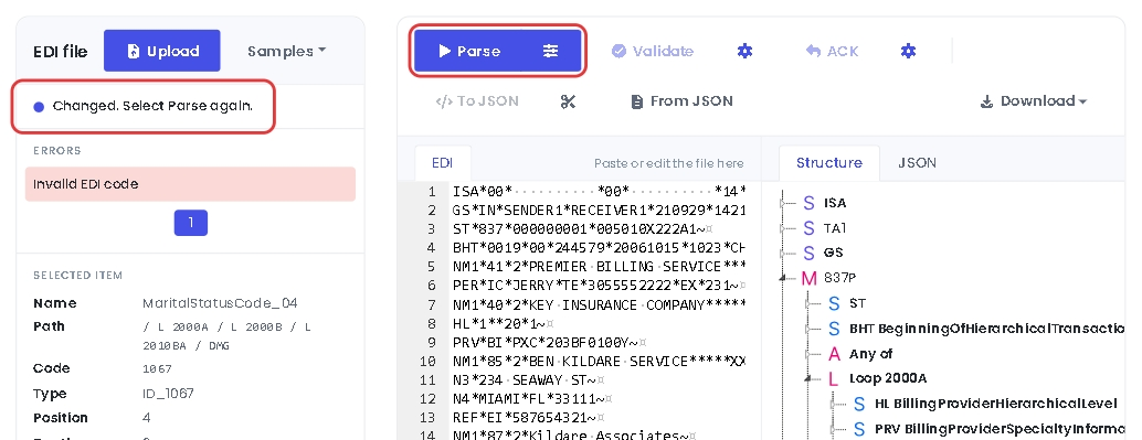 The Changed. Select Parse again. status after a structural change