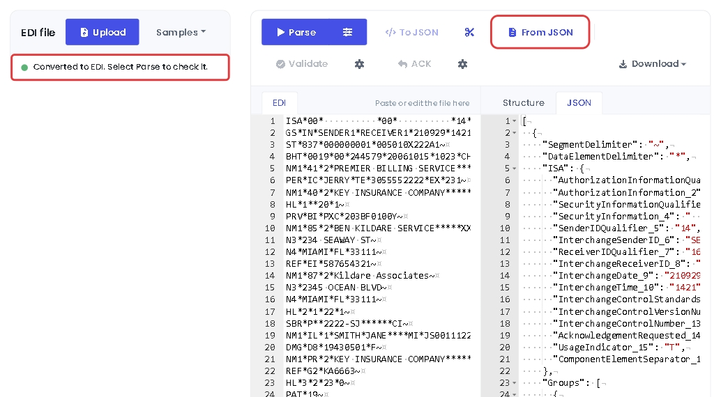 JSON converted back to EDI with From JSON