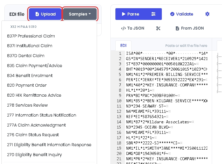The Upload button and the Samples menu in EdiNation