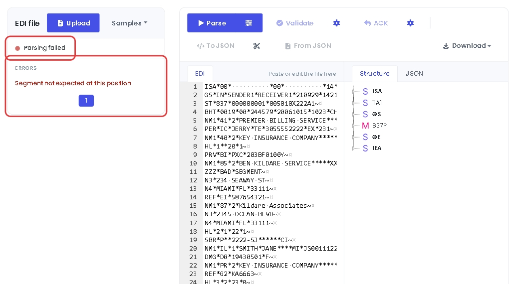 An unexpected segment on line 11, with the Parsing failed status and the error