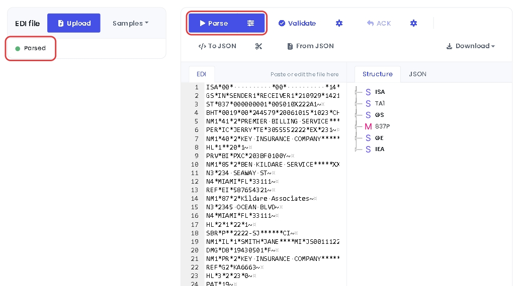 A parsed 837P file, with the Parse button and the Parsed status
