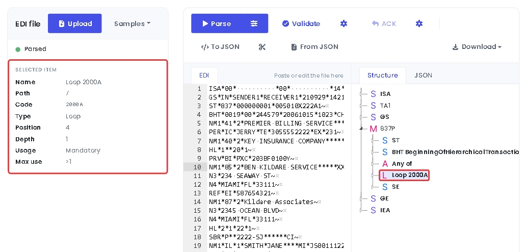 Loop 2000A selected in the Structure tab