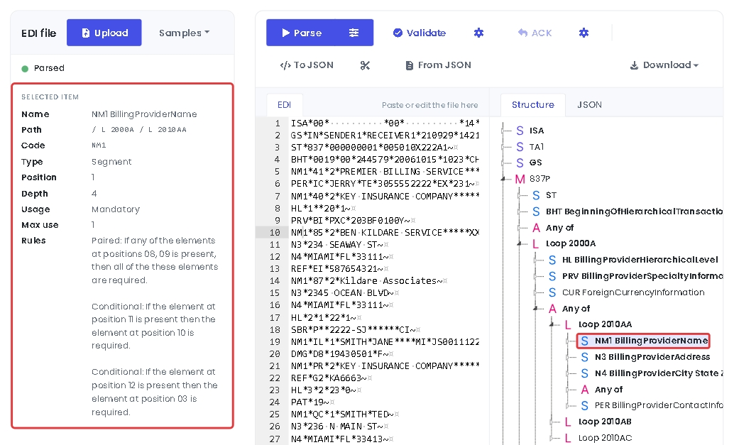 The NM1 segment selected in the editor, in the Structure tab and in the Selected item panel