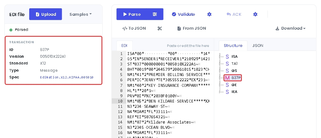 The 837P transaction selected, with a link to its spec