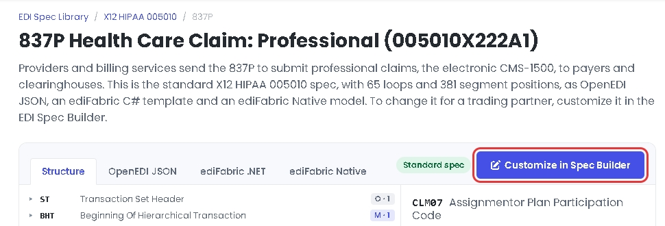 The Customize in Spec Builder button on the 837P spec page