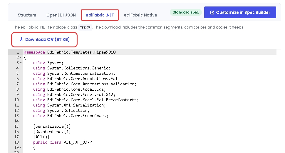 The ediFabric .NET tab of the 837P spec