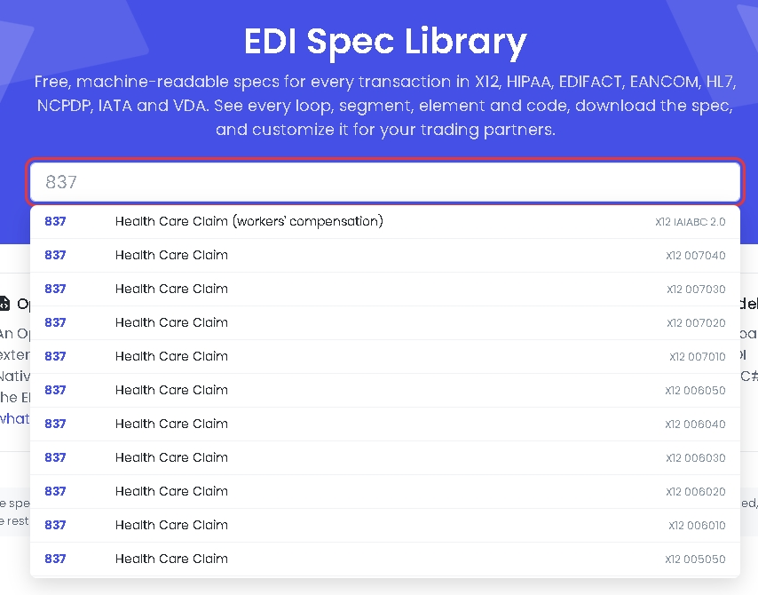 Searching for 837 in the EDI Spec Library