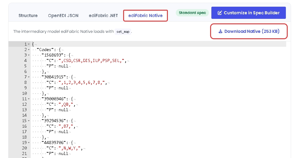 The ediFabric Native tab of the 837P spec
