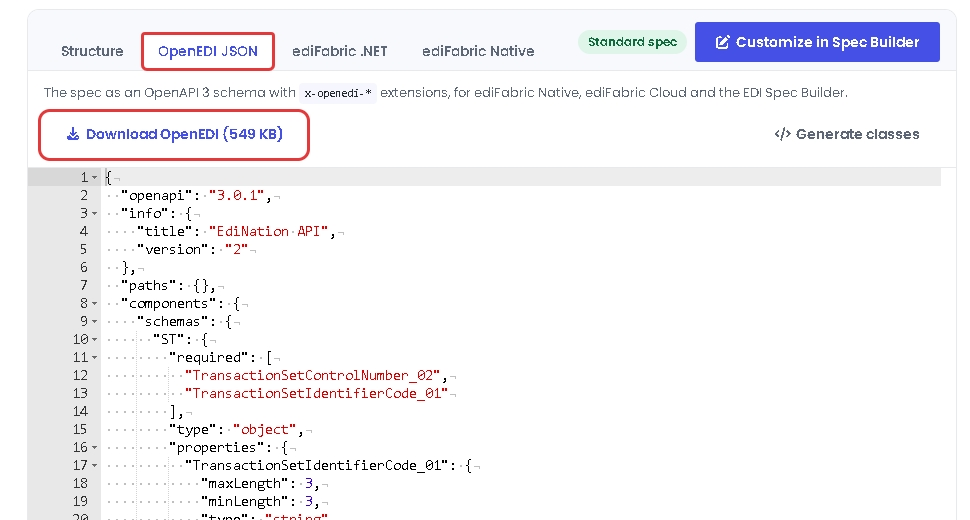 The OpenEDI JSON tab of the 837P spec