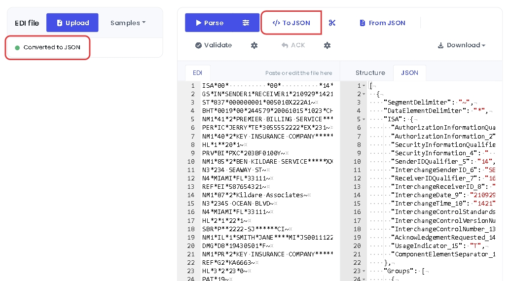 An 837P file converted to JSON