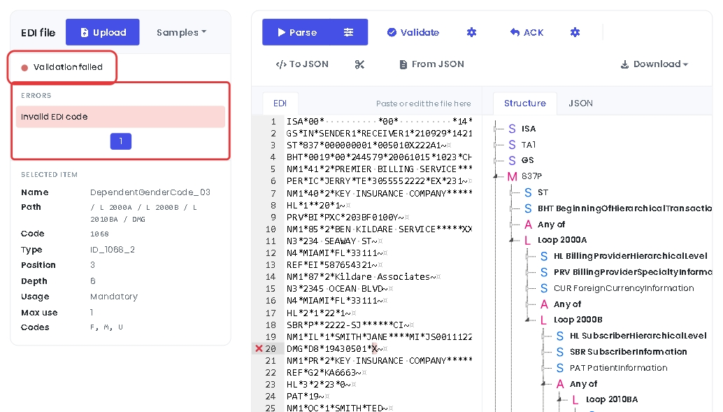 An invalid code in DMG03, with the error, the marked line and the allowed codes