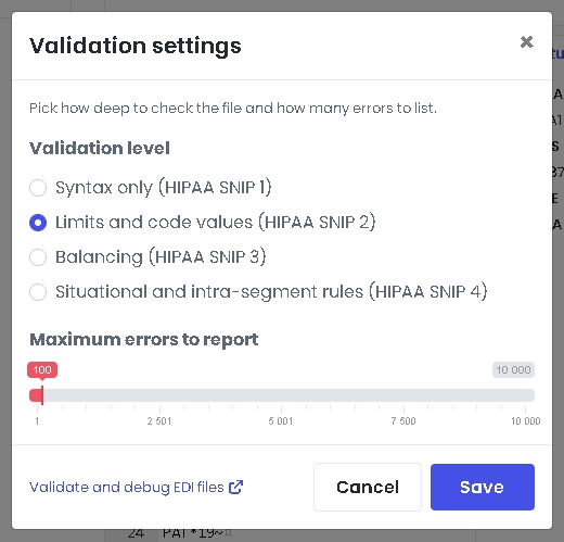 The Validation settings dialog