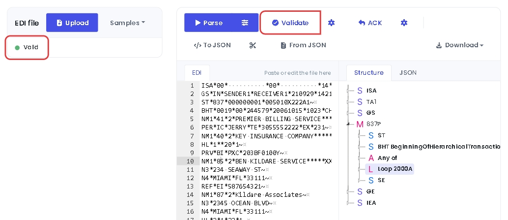 The Validate button and the Valid status